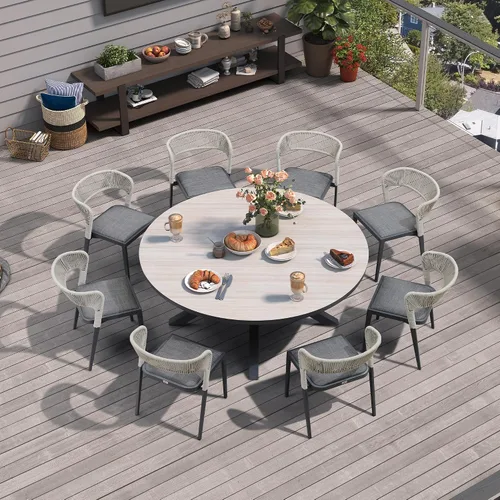 Miniatura 17 de PURPLE LEAF Juego de comedor redondo de 5 piezas de gran tamaño, marco de aluminio y mimbre de ratán para patio, mesa y sillas con cojines