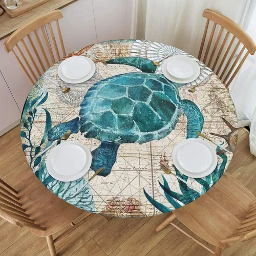 Miniatura 14 de Mantel ajustable con temática náutica con diseño de cangrejo, mapa de vida costero azul del océano, borde elástico, cubierta impermeable y lavable
