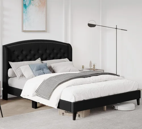 Miniatura 6 de Base de cama tamaño Queen, plataforma tapizada con cabecera de ala y diseño capitoné de botones, soporte de listones de madera, fácil montaje,