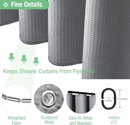 Miniatura 5 de Dynamene Cortina de ducha de tela gris para baño, tejido de gofre, textura resistente, 256 GSM, juego de cortina de baño de tela con peso de lujo