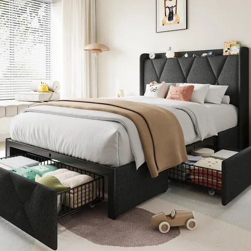 Miniatura 11 de Einhomn Marco de cama de tamaño completo con 4 cajones de almacenamiento y estación de carga, marco de cama plataforma tapizada con cabecera de Beige