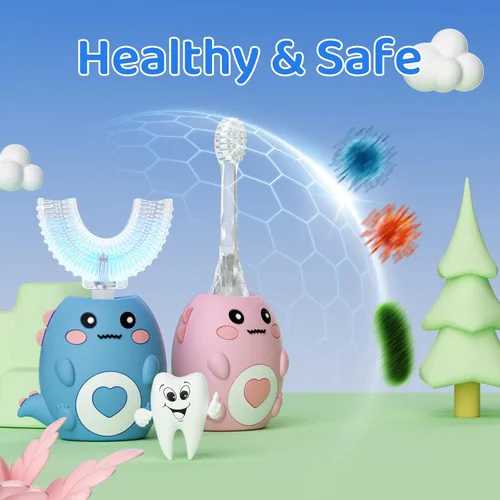 Miniatura 6 de Cepillo de dientes eléctrico en forma de U para niños, con 3 modos de limpieza, con 4 cabezales de cepillo, cepillo de dientes automático sónico