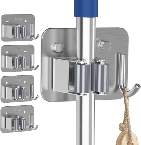 Miniatura 12 de Paquete de 2 soportes de pared para escobas, organizador de trapeador de acero inoxidable 304 con ganchos, sin adhesivo para taladro e instalación