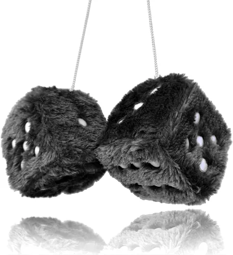 Par de dados de felpa mullidos con espejo de puntos blancos y negros, de 3 pulgadas, adorno decorativo para colgar en coche de felpa suave en blanco