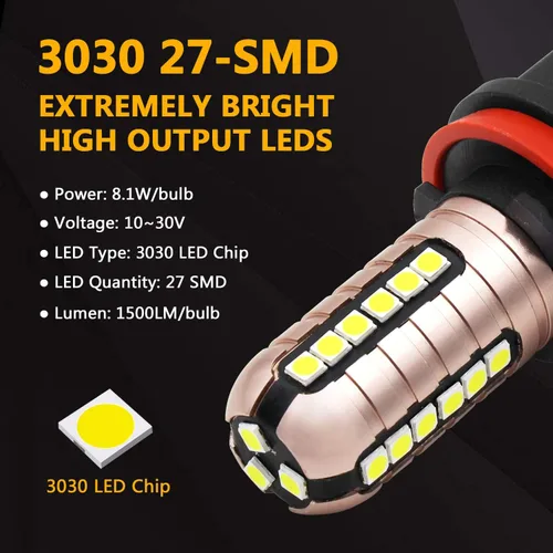 Miniatura 2 de PHINLION Bombillas LED antiniebla H11, súper brillantes 3030 27-SMD H8 H16 Bombilla LED de repuesto para luces DRL o antiniebla, 6000K blanco xenón