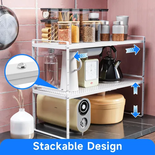 Miniatura 5 de Organizador de estantes de cocina expandibles, organizador de gabinete de cocina, organizador de estante para encimera, despensa, estante de Blanco