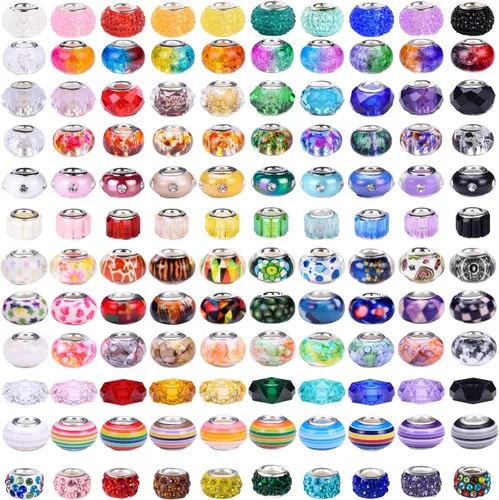 Miniatura 7 de AIPRIDY Cuentas Europeas Surtidas para Manualidades Cuentas Espaciadoras Lampwork de Agujero Grande Cuentas Europeas Coloridas para Hacer Collares