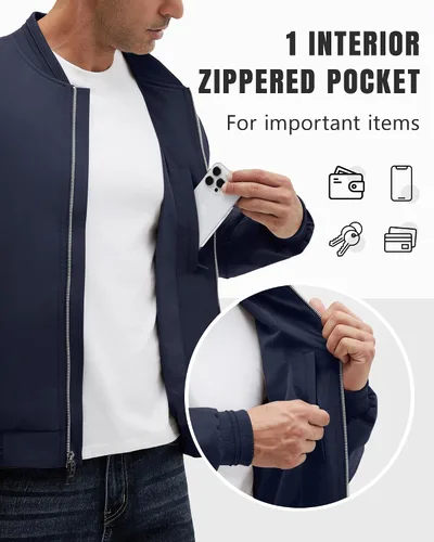 Miniatura 15 de Polu Chaquetas bomber para hombre con bolsillos, chaquetas cortavientos ligeras, cremallera de 2 vías, abrigo casual de negocios para otoño e