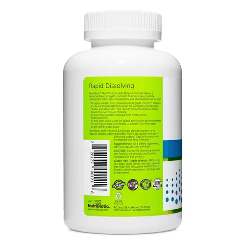 Miniatura 2 de NutriBiotic Multivitaminas y minerales, cápsulas de 180 unidades (anteriormente hipoalergénicos) 72 oligoelementos puros en una base de clorella