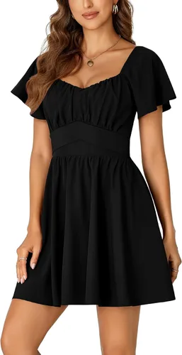 Miniatura 3 de Rooscier Minivestido acampanado de manga corta con volantes, cuello cuadrado, envolvente y espalda anudada para mujer