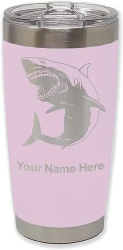 Miniatura 25 de LaserGram Vaso aislado al vacío de 20 onzas, gran tiburón blanco, grabado personalizado incluido (negro)