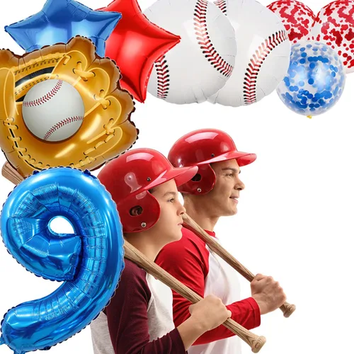 Miniatura 7 de Globos de béisbol de papel de aluminio para decoración de cumpleaños, globos con el número 9, globos de confeti de estrella roja y azul para Béisbol
