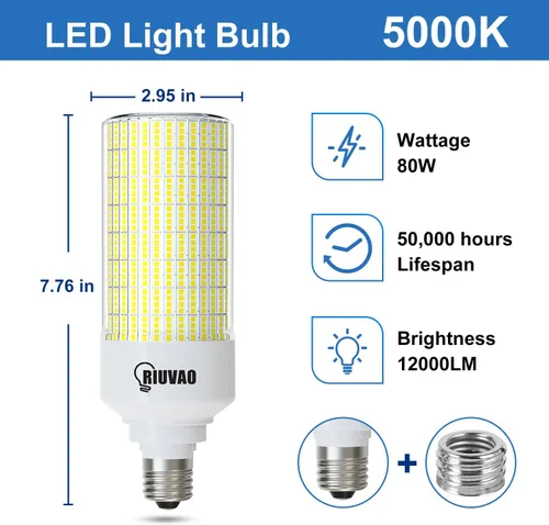 Miniatura 2 de RIUVAO Paquete de 2 bombillas LED de maíz, equivalente a 800 W, 5000 K, luz diurna, 12000 lm, base E26/E39, bombillas LED de 80 W, reemplazo