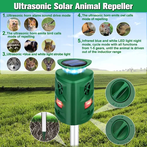 Miniatura 3 de Repelente solar ultrasónico de ciervos de ardilla, repelente de gatos al aire libre, repelente solar de animales de 360 ° con detección