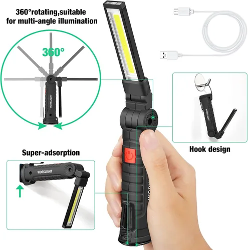 Miniatura 3 de Honoson - Juego de 4 luces de trabajo LED Honoson recargables con base magnética, gancho para colgar y rotación de 360°, 5 modos de linterna LED