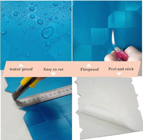 Miniatura 6 de XUANINY 7 hojas de azulejos metálicos para salpicaduras de muro, autoadhesivas, múltiples formas, mosaico de aluminio 3D, adhesivo de pared