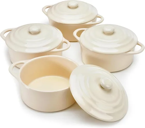 Miniatura 13 de Kook Juego de mini cocotte de cerámica, cacerolas pequeñas con tapas y asas, moldes individuales para hornear, aptos para horno, microondas
