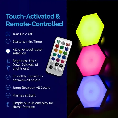 Miniatura 5 de Emberela HEXlights - Luces Sensoriales para Niños, Paquete de 3 Luces Hexagonales Táctiles, Control Remoto, Paneles LED de Pared Amigables