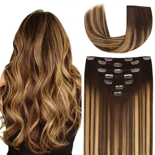 Miniatura 11 de Extensiones de cabello humano Remy de 12 pulgadas con clip para mujer, extensiones de cabello humano sedoso y liso, 1.76 onzas, 4 piezas