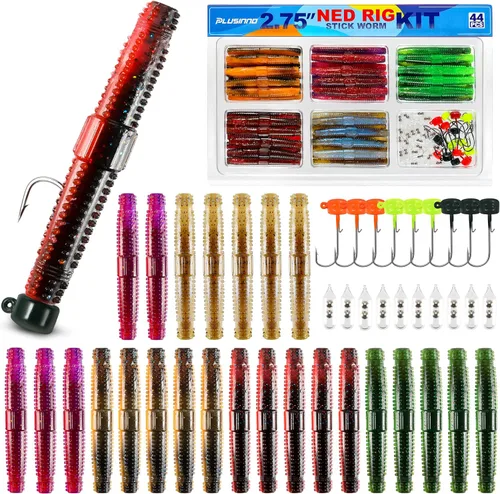 Miniatura 10 de PLUSINNO - Kit de señuelos de pesca Wacky Worm, señuelos de pesca de plástico suave, cebos de lombrices para anzuelo, aparejo loco para pesca de Kit