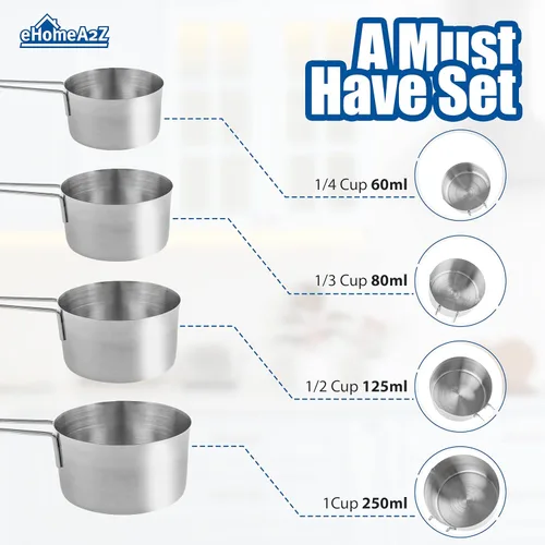 Miniatura 3 de Juego de tazas medidoras de acero inoxidable, 4 piezas de metal para utensilios de cocina líquidos secos (1, juego de 4 piezas)