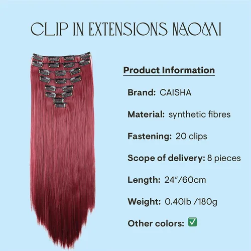Miniatura 4 de CAISHA XXL - Juego de 8 extensiones de cabello con clip de 24 pulgadas, extensiones de cabello lacio rojo burdeos CES10