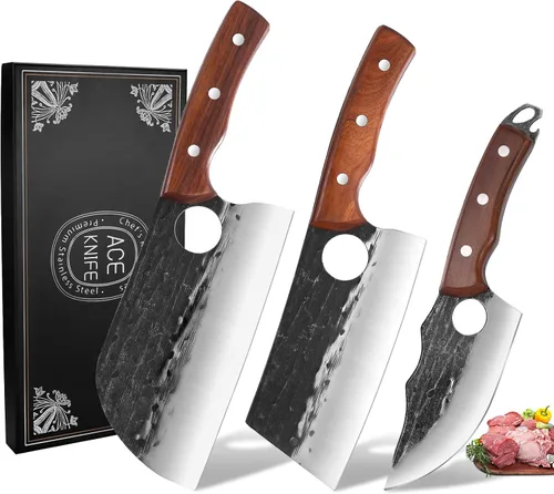 Juego de 3 cuchillos de chef, juego de cuchillos de carnicero de cocina japonesa, cuchillos de chef serbios, cuchillos de deshuesado vikingos, acero
