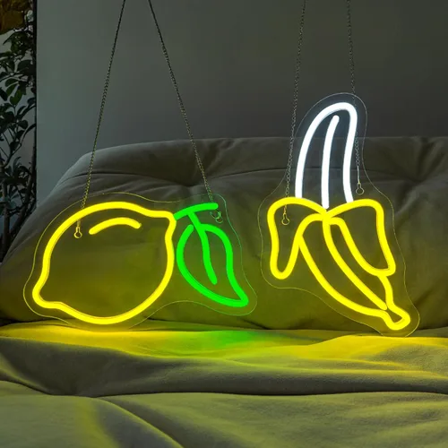 Juego de 2 letreros de neón de plátano y limón (1 luz de plátano + 1 luz de limón) Luces de neón de frutas para decoración de pared, habitación de