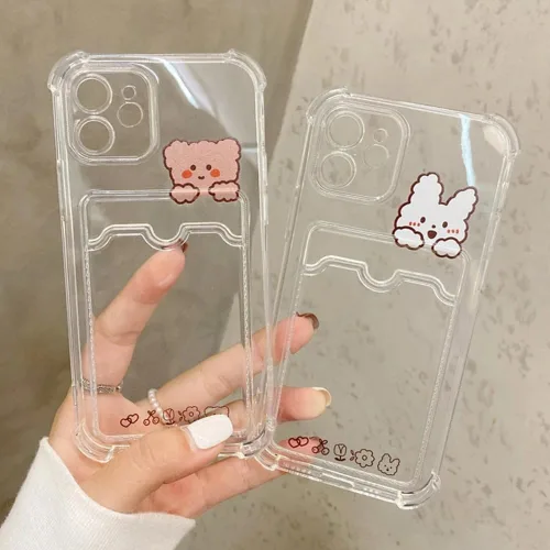 Miniatura 3 de Casechics Funda compatible con iPhone, bonita funda de conejo de dibujos animados Kawaii, con ranura transparente para tarjetas de crédito, cartera