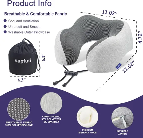 Miniatura 3 de NapFun - Almohada de cuello para viajes, mejorada para viajar por avión 100% espuma viscoelástica para dormir y descansar durante los vuelos, Gris