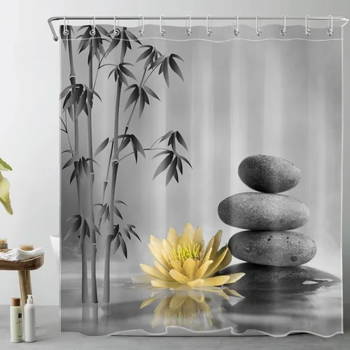 Miniatura 7 de LB Cortina de ducha de spa Zen azul y gris, piedra de bambú gris con flor de lirio de agua azul, cortina de ducha moderna para spa, decoración