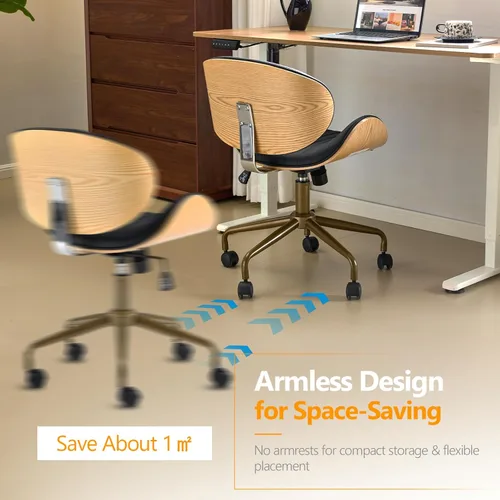 Miniatura 5 de VINGLI Silla giratoria de oficina en casa amplia y cómoda con carcasa curvada de grano de madera, silla de escritorio ergonómica acolchada sin negro