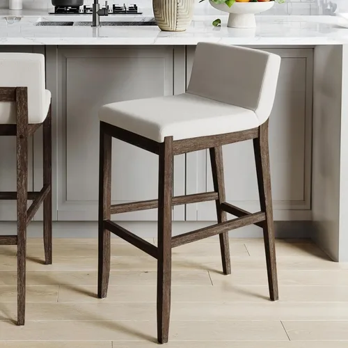 Miniatura 23 de Nathan James - Gracie - Moderno taburete alto con respaldo, silla alta tapizada con lino texturizado natural y patas de madera cepillada - Marrón