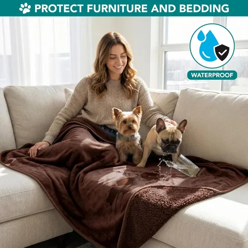 Miniatura 2 de PetAmi Manta Impermeable para Perros de Vellón Sherpa, Mascotas Perros Pequeños Medianos, Manta Reversible para Gatos Grandes Cama Sofá Sillón Marrón