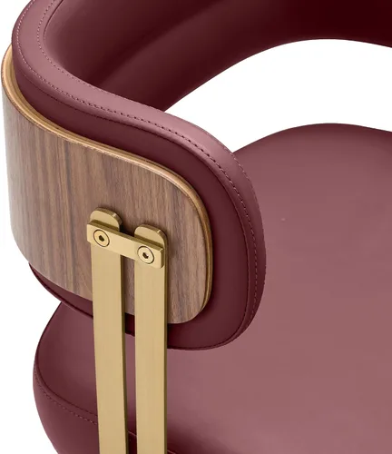 Miniatura 5 de ARTPLAN Silla de comedor de cuero de nogal, moderna silla de cocina tapizada con cojín de espuma de alta resistencia, marco dorado de acero Cereza