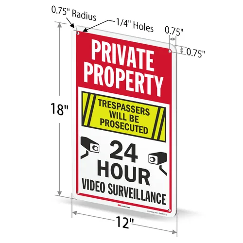Miniatura 6 de SmartSign Letrero metálico de 18 x 12 pulgadas con texto en inglés "Private Property - Trespassers Will Be Prosecuted", video vigilancia las 24