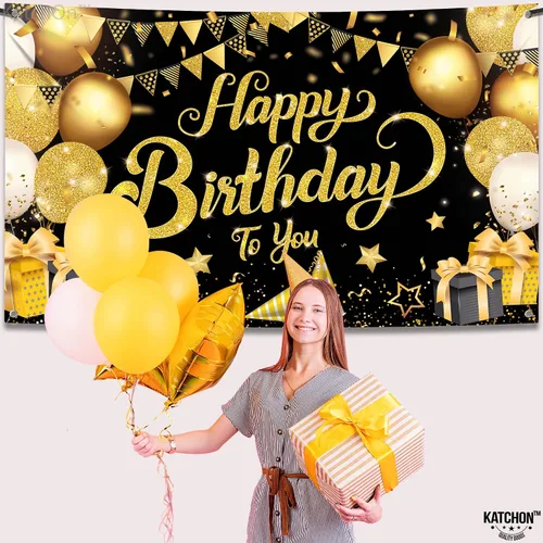 Miniatura 5 de KatchOn, Cartel de feliz cumpleaños negro y dorado, extragrande, 72 x 44 pulgadas, pancarta de fondo negro y dorado para decoraciones de feliz Azul
