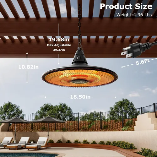 Miniatura 4 de Calderón Eléctrico de Techo para Exterior Montado en Pared, Colgante para Patio de 1500W, Calentador de Fibra de Carbono por Infrarrojos para Techo