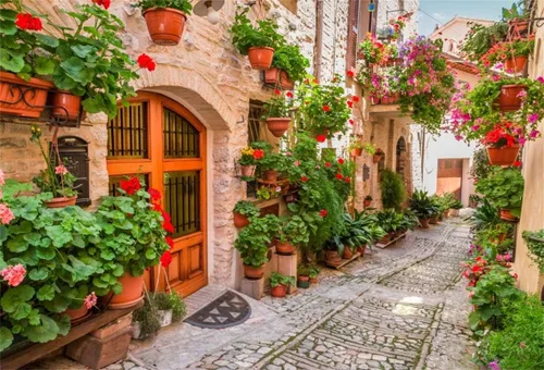 Leyiyi Telón de fondo de flores de primavera de 9 x 6 pies con diseño de aliados de pueblo italiano, flores, arquitectura medieval, vacaciones de