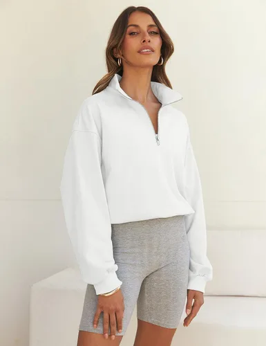 Miniatura 8 de MEROKEETY Sudadera corta con cremallera de un cuarto para mujer, manga larga, cuello alto, con cordón