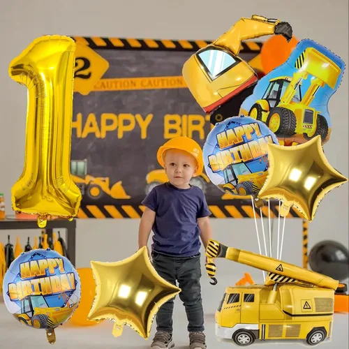 Miniatura 5 de Globos de construcción para el primer cumpleaños, 9 globos dorados de 40 pulgadas con el número 1 para excavadora grande, camión volquete, grúa