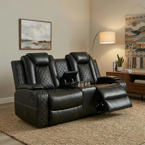 Miniatura 10 de Juego de sofá de cuero reclinable eléctrico, 3 piezas, asientos de cine en casa con luces LED, carga inalámbrica, puertos USB, consola de Negro