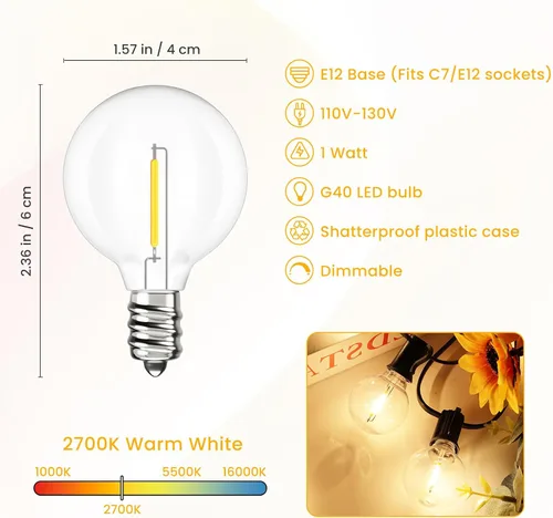 Miniatura 2 de Svater Bombillas LED G40 de repuesto para tira de luces al aire libre, paquete de 25 bombillas regulables inastillables, bombillas Edison con base