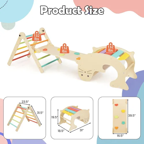 Miniatura 7 de Olakids Juego de Triángulo Pikler 7 en 1 Juguetes de Escalada para Niños Pequeños de 1 a 3 Años Interior Plegable de Madera Montessori Gimnasio