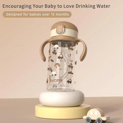 Miniatura 7 de Evorie Tritan - Vaso para sorber con popote a prueba de derrames, 10 onzas para bebés y niños pequeños de 1 a 3 años, botella de agua con pajilla