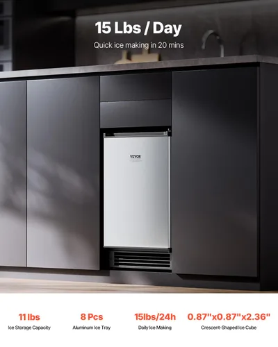 Miniatura 2 de VEVOR Máquina de hielo integrada para debajo del mostrador, 15 libras/día debajo del mostrador, máquina de hielo con puerta reversible de acero