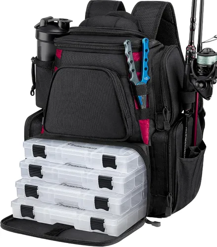 Piscifun Mochila de pesca con 2 soportes para caña y 4 cajas de aparejos, bolsa grande de almacenamiento de aparejos con cubierta de lluvia para