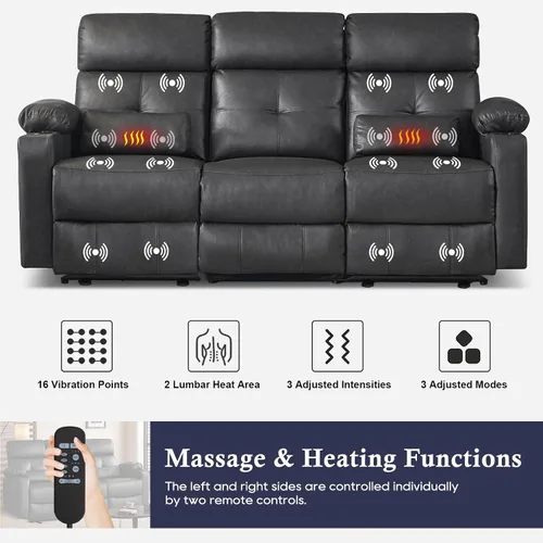 Miniatura 4 de Sofá reclinable eléctrico con calor y masaje, sofá reclinable eléctrico con reposapiés extendido, sofá reclinable de 3 plazas con puertos USB