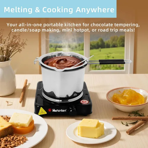Miniatura 7 de Olla profesional de doble caldera de 40.6 fl oz/40.6 onzas, olla de fusión de chocolate de acero inoxidable 304 con placa caliente eléctrica de 1000