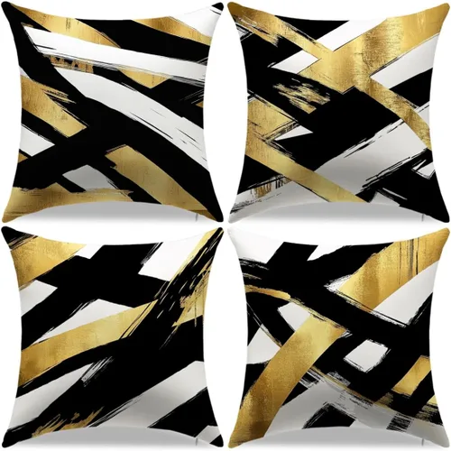 Juego de 4 fundas de almohada negras y doradas, fundas de almohada de 18 x 18 pulgadas, almohadas geométricas abstractas a rayas para decoración del